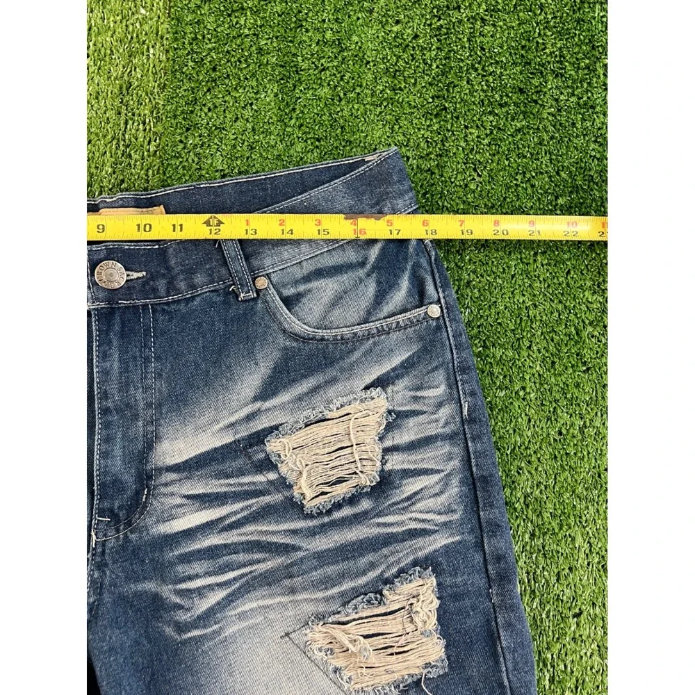 Sacred Crow Mens 34 Baggy Distressed Denim Jorts Blue Embroidered Y2K Streetwear